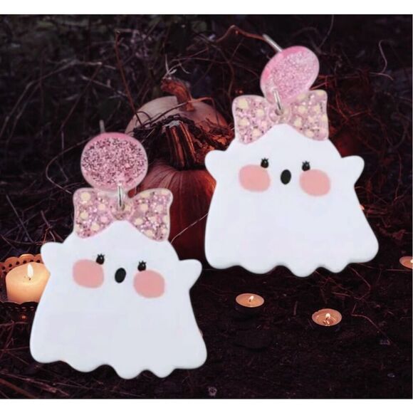 NWT Acrylic Pink Sparkly Bow White Ghost Halloween Dangle Earrings - Picture 4 of 7
